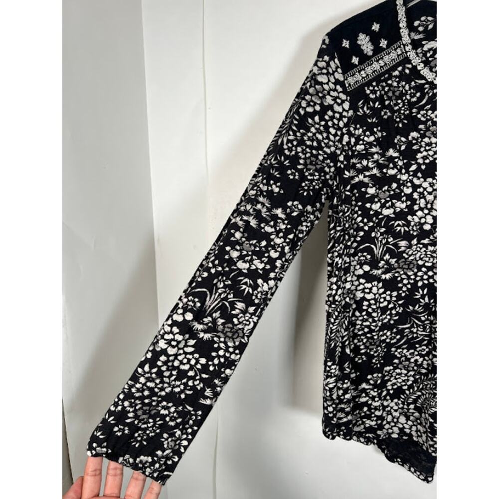 Lucky Brand Women's V Neck 3/4 Sleeve Blouse Shirt L Black Floral Embroidered - Picture 5 of 8